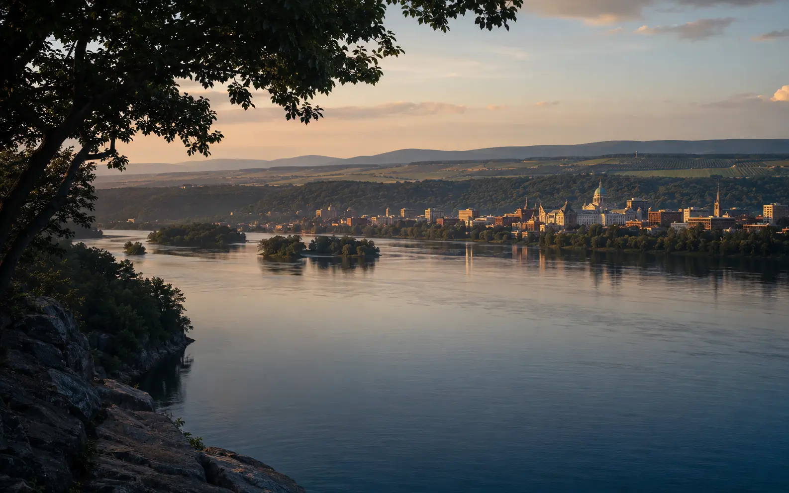 Conceptual editorial south-central Pennsylvania scene with Susquehanna river light, civic stone, orchards, and distant ridges