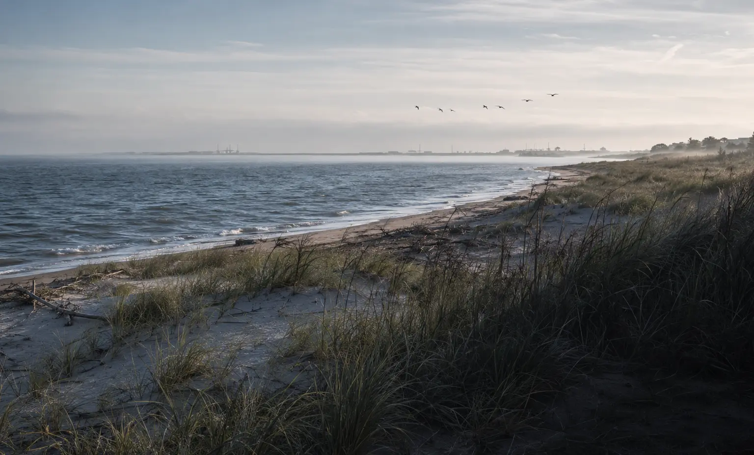 Conceptual editorial Lake Erie shoreline with dunes, reeds, a working harbor, and open water