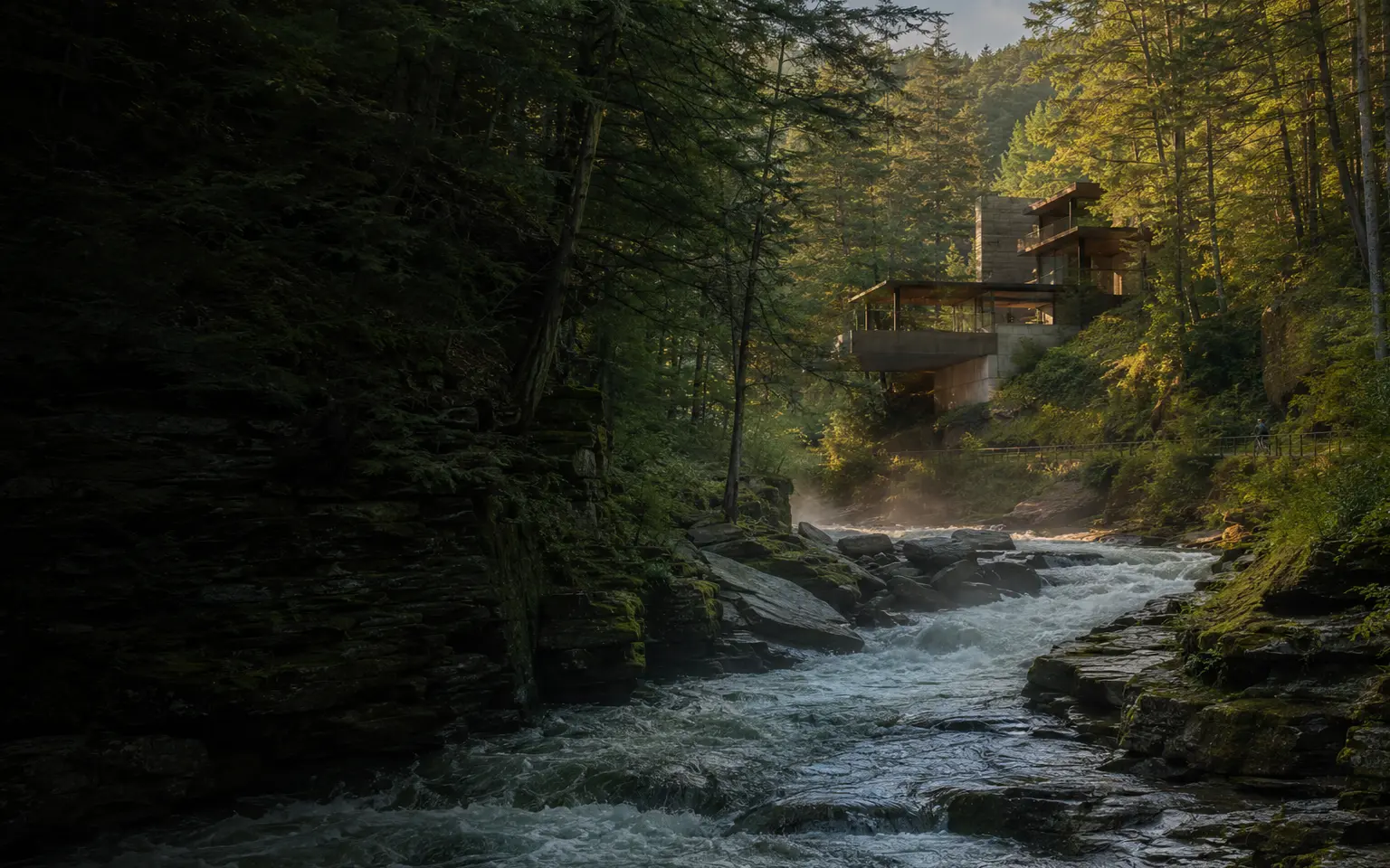 Conceptual editorial Laurel Highlands scene with whitewater, sandstone ledges, and cantilevered architecture