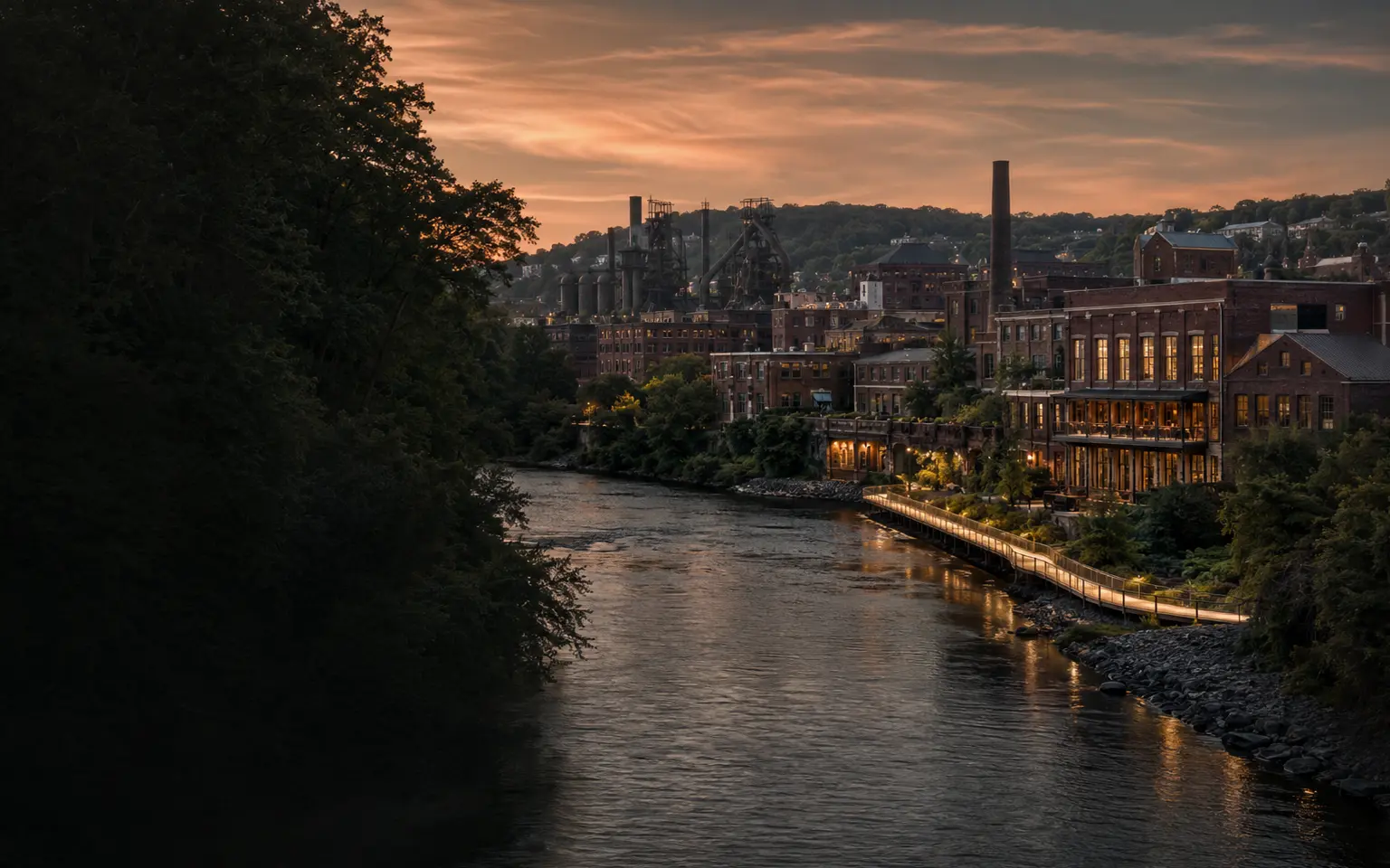 Conceptual editorial Lehigh Valley scene with brick city streets, weathered steel, and the river corridor
